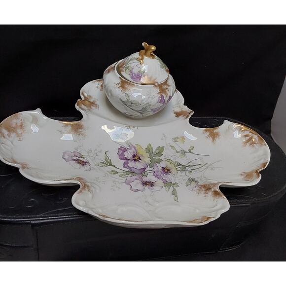 D& C Limoges Delinieves & Cie French Dresser Tray Purple Pansies porcelain Gold - Picture 2 of 8